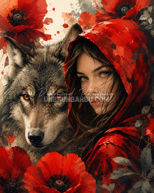 Diamond Painting La Gardienne au Loup 80x100 cm illustration femme cape rouge loup coquelicots