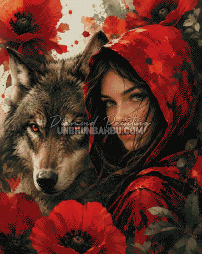 Rendu diamante Diamond Painting La Gardienne au Loup 80x100 cm avec femme et loup