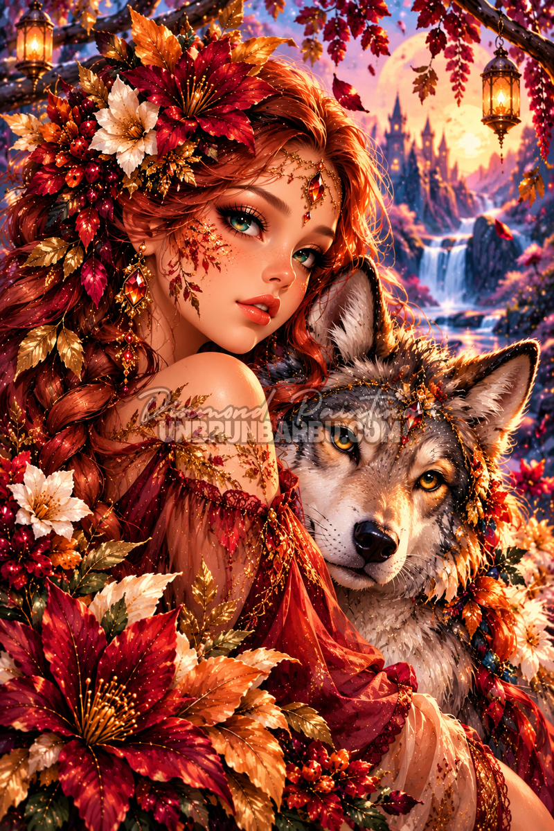 Diamond Painting La Gardienne du Loup d’Automne 80x120 cm avec femme rousse, loup gris et pleine lune