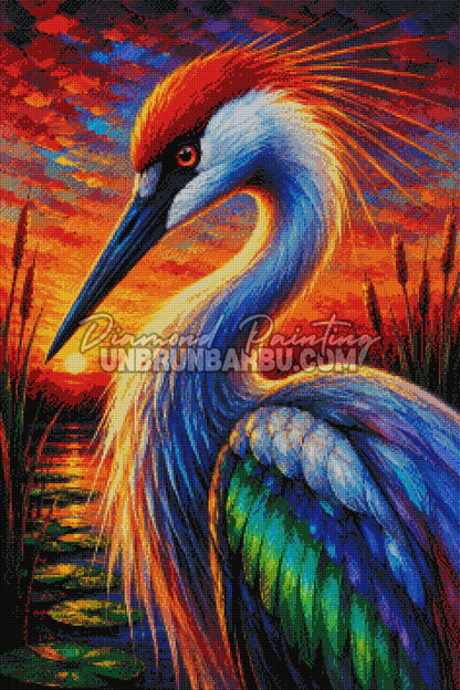 Rendu diamanté du Diamond Painting La Grue au Coucher de Soleil 60x90 cm avec aile verte et marais lumineux