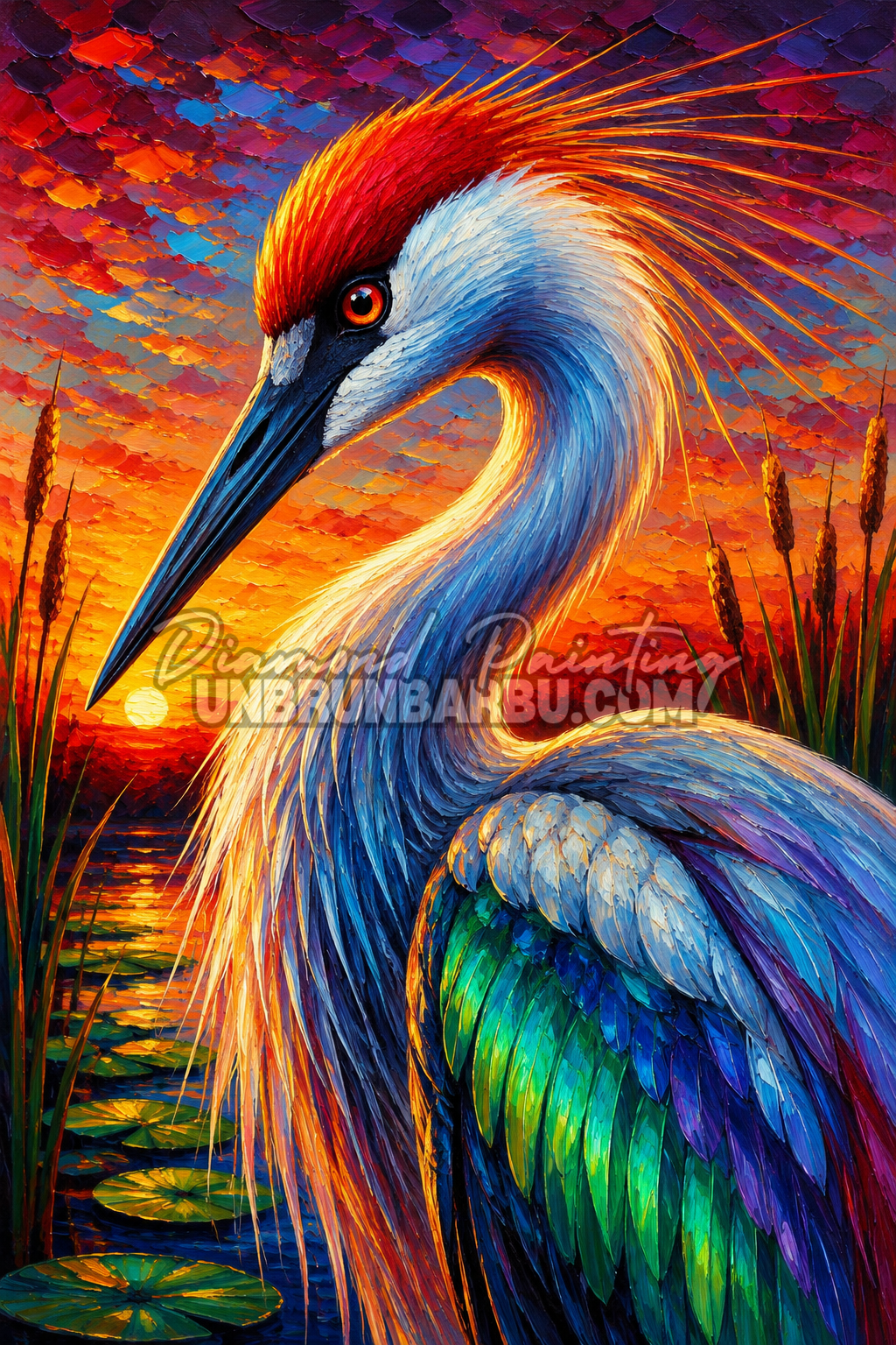 Diamond Painting La Grue au Coucher de Soleil 60x90 cm avec oiseau bleu, couronne rouge et ciel orange