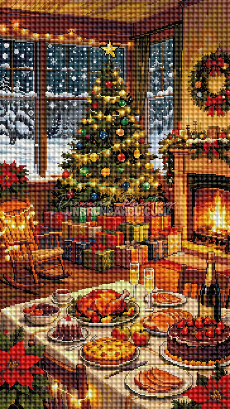 Rendu diamanté du Diamond Painting La Magie du Réveillon 45x80 cm avec sapin lumineux et repas de fête