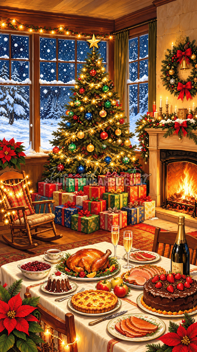 Diamond Painting La Magie du Réveillon 45x80 cm avec sapin, cheminée, cadeaux et table de Noël
