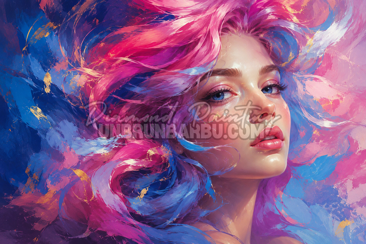 Diamond Painting La Muse de l Art 120x80 cm avec portrait feminin, cheveux roses et peinture abstraite bleue