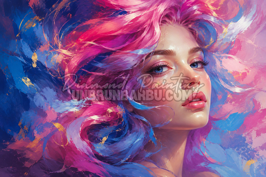 Diamond Painting La Muse de l Art 120x80 cm avec portrait feminin, cheveux roses et peinture abstraite bleue