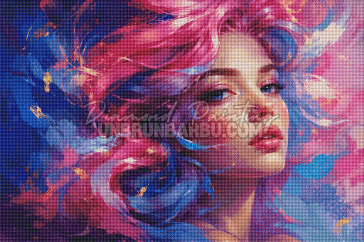 Rendu diamante du Diamond Painting La Muse de l Art 120x80 cm avec regard bleu et couleurs rose, violet et or