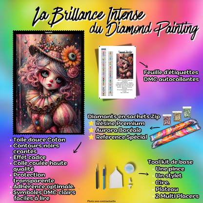 Kit Diamond Painting Premium La Poupée Arlequin avec toile coton, diamants en sachets zip, accessoires et feuille DMC