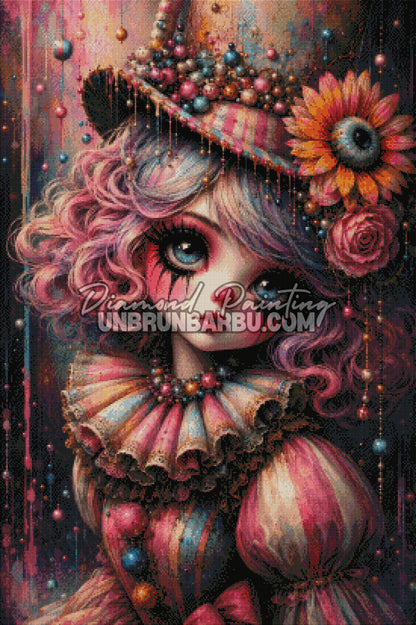 Layout Diamond Painting La Poupée Arlequin mettant en valeur les détails du visage, du costume pastel et des nombreuses perles décoratives