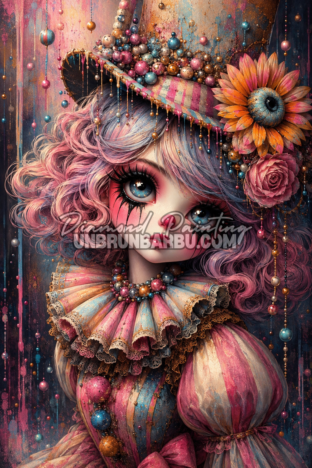 Diamond Painting La Poupée Arlequin 70x105 cm représentant une poupée féérique aux cheveux roses, grand chapeau fleuri et regard expressif