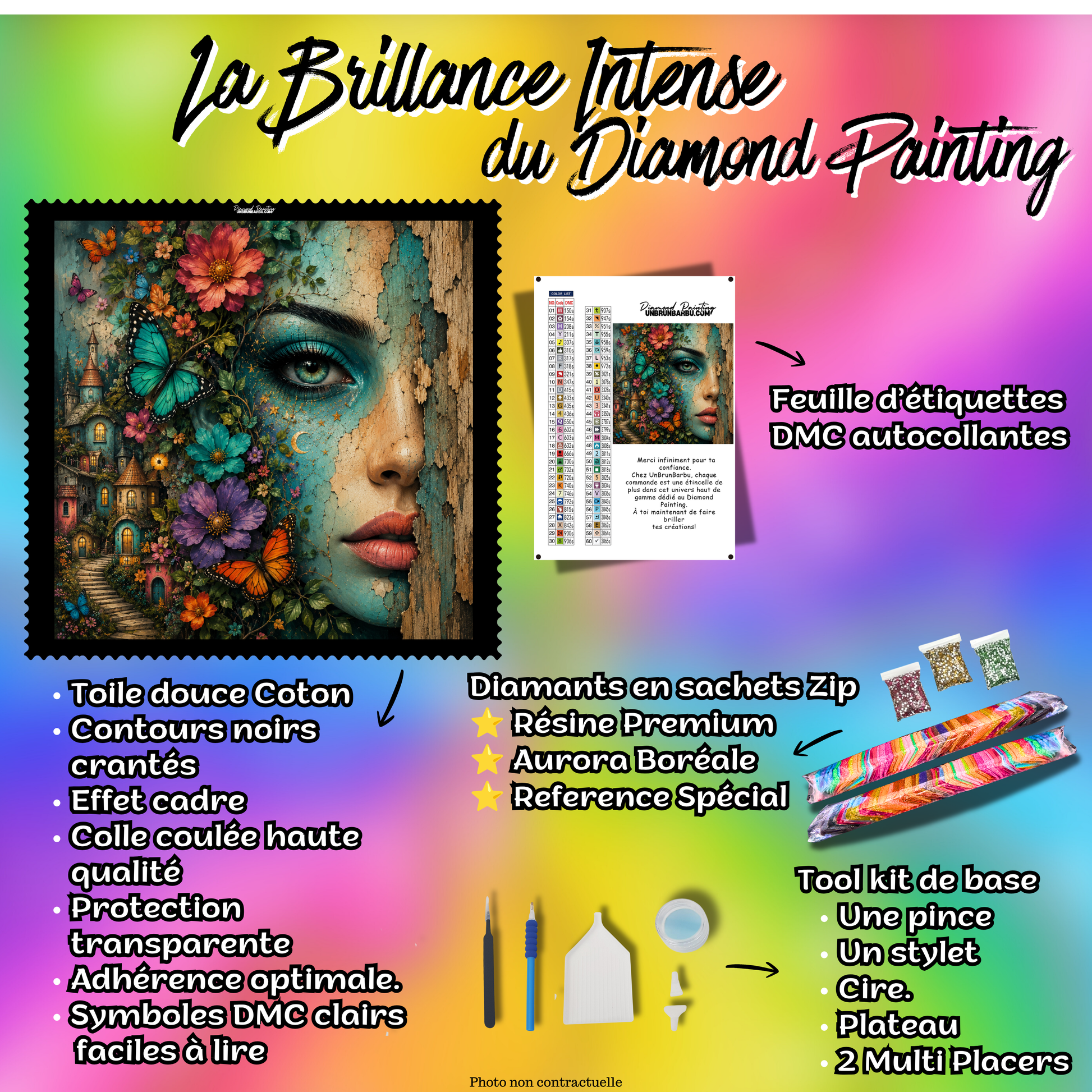 Kit Diamond Painting Premium La Protectrice du Village avec toile coton, diamants en sachets zip, accessoires et feuille DMC