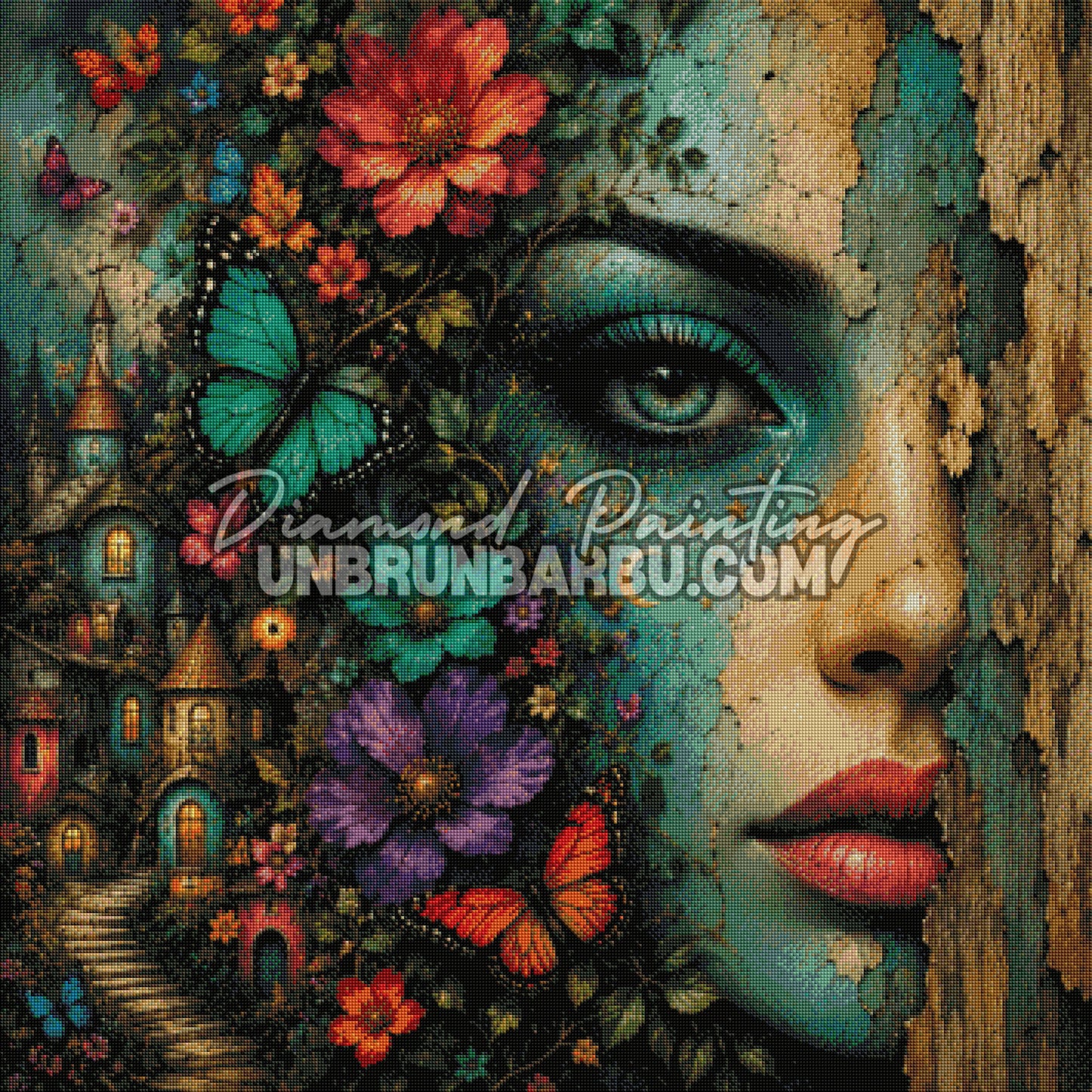 Layout Diamond Painting La Protectrice du Village mettant en valeur le visage, les papillons, les fleurs et le village miniature