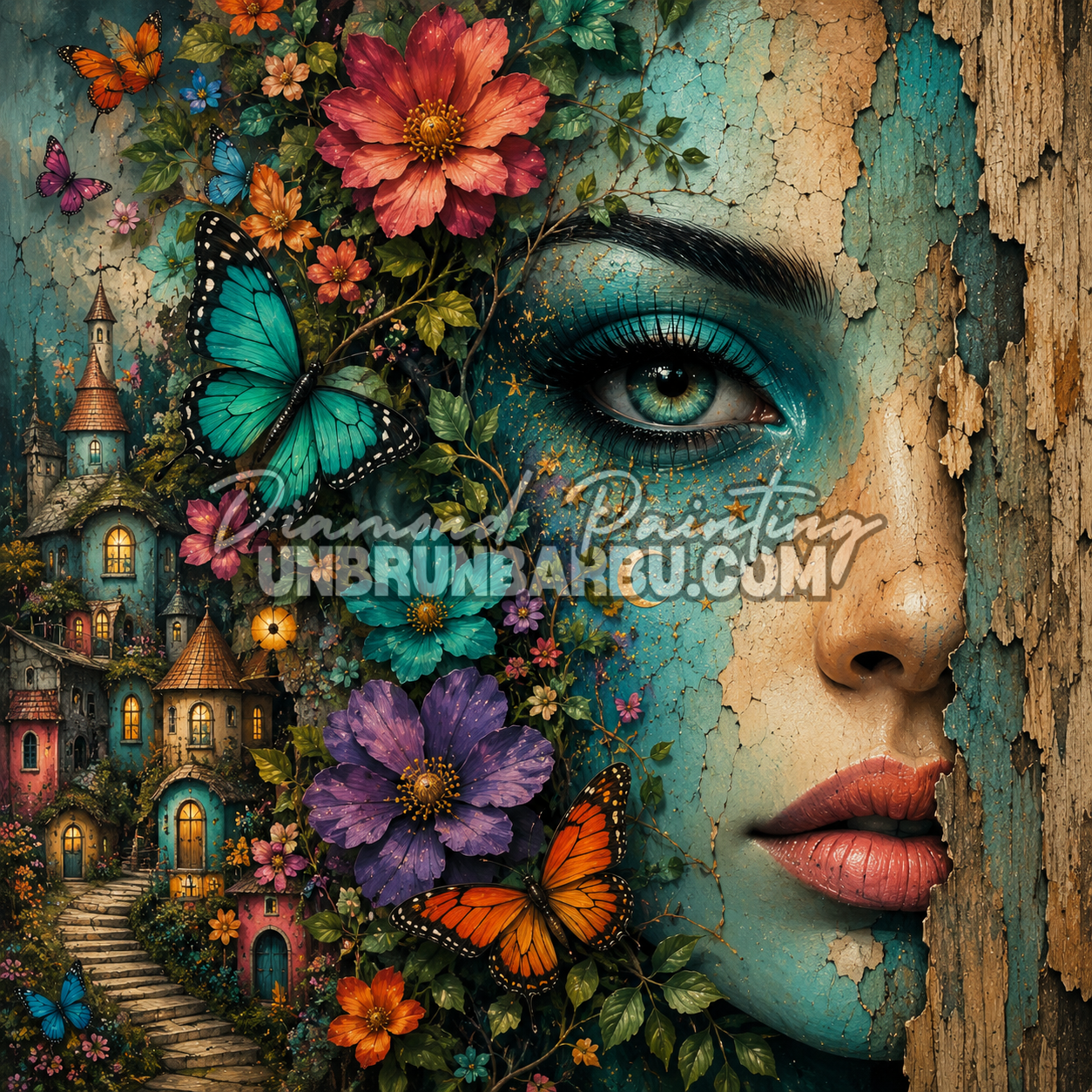 Diamond Painting La Protectrice du Village 90x90 cm représentant un visage féminin entouré de fleurs, papillons turquoise et village féérique