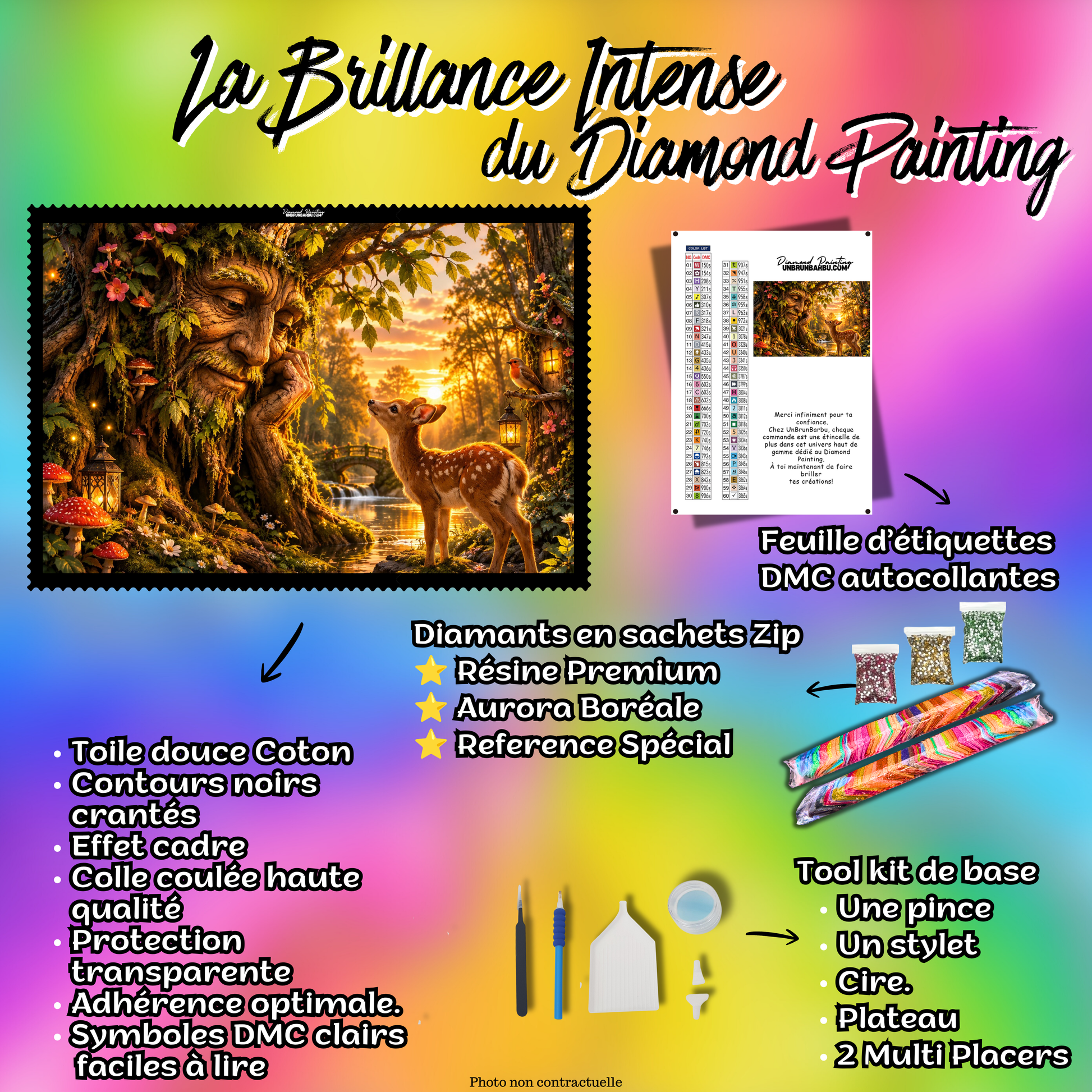 Kit premium Diamond Painting La Sagesse du Vieux Chêne avec toile coton, diamants en sachets zip, étiquettes DMC et accessoires
