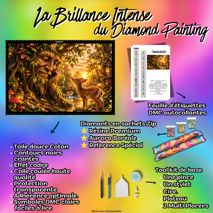 Kit premium Diamond Painting La Sagesse du Vieux Chêne avec toile coton, diamants en sachets zip, étiquettes DMC et accessoires