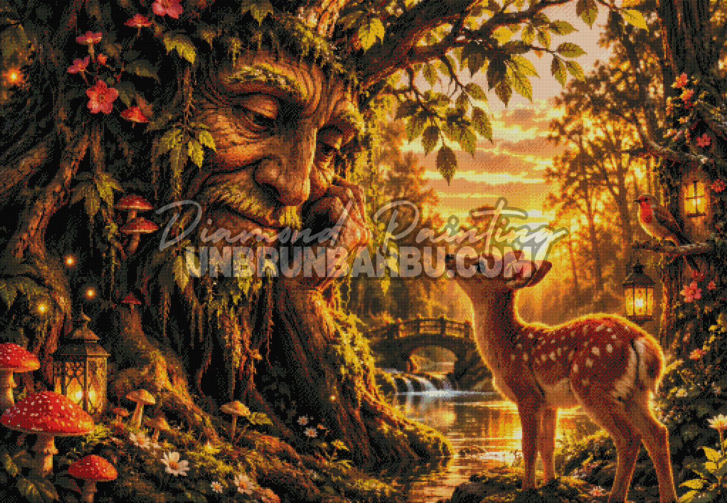 Layout Diamond Painting La Sagesse du Vieux Chêne 130x90 cm avec aperçu des symboles DMC et rendu diamanté