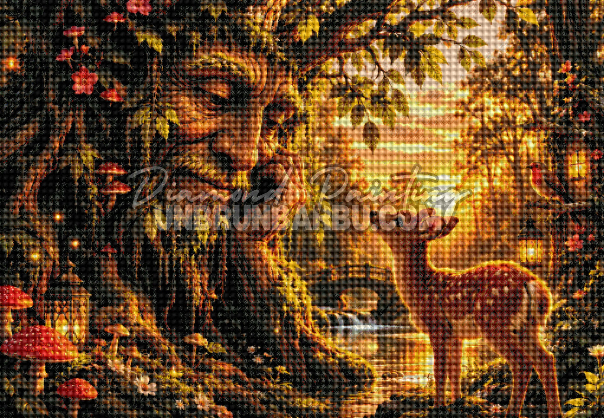 Layout Diamond Painting La Sagesse du Vieux Chêne 130x90 cm avec aperçu des symboles DMC et rendu diamanté