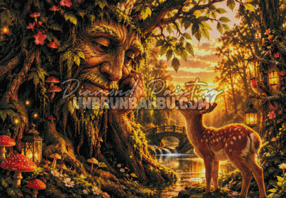 Layout Diamond Painting La Sagesse du Vieux Chêne 130x90 cm avec aperçu des symboles DMC et rendu diamanté