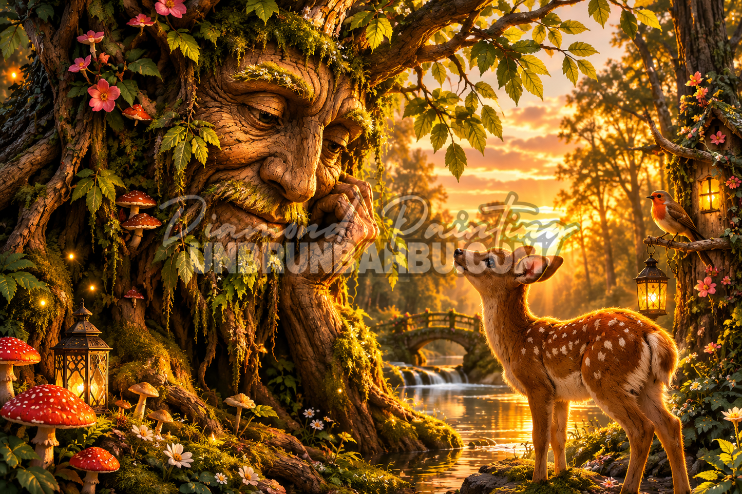 Diamond Painting La Sagesse du Vieux Chêne 130x90 cm avec arbre enchanté, faon, oiseau et forêt féerique dorée
