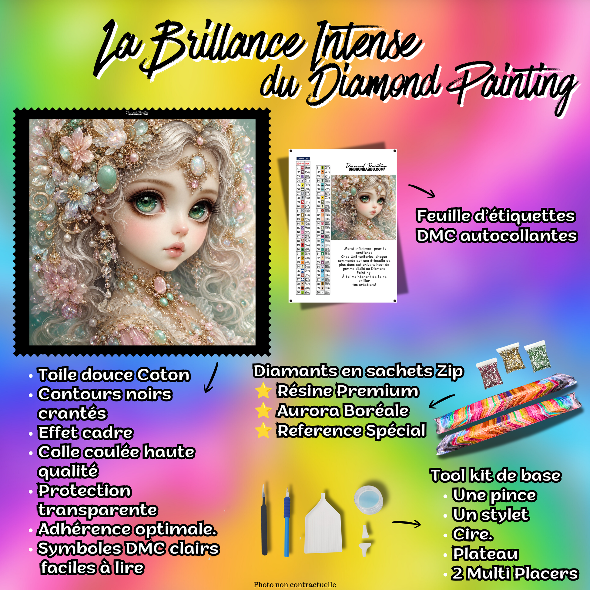 Kit Diamond Painting premium La Souveraine d’Émeraude avec toile coton, diamants en sachets zip, accessoires et étiquettes DMC