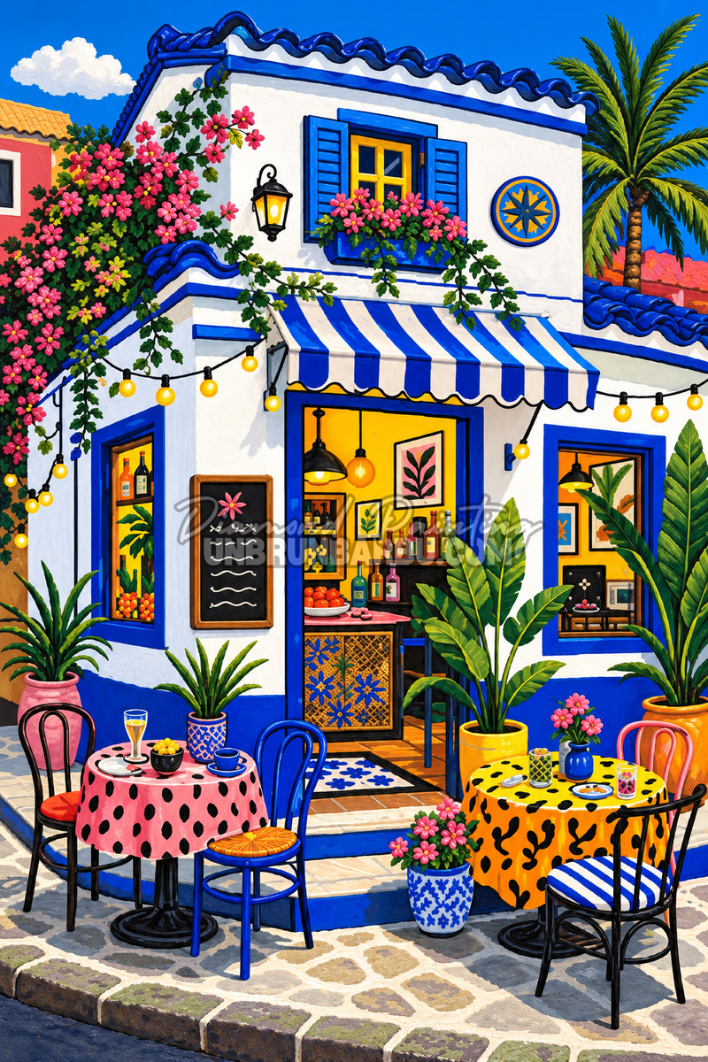 Diamond Painting La Terrasse Fleurie du Sud 50x75 cm avec façade blanche et bleue, bougainvilliers et tables colorées