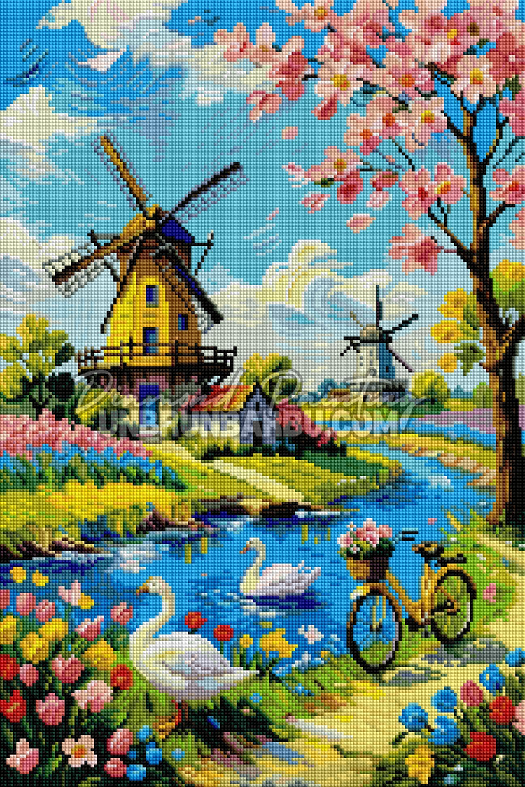 Rendu diamante de La Vallee des Moulins Fleuris 40x60 cm avec paysage colore et moulins a vent