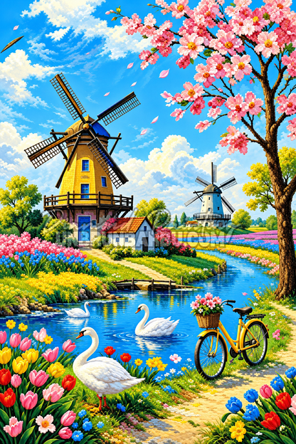 Diamond Painting La Vallee des Moulins Fleuris 40x60 cm avec moulins a vent, fleurs et paysage champetre