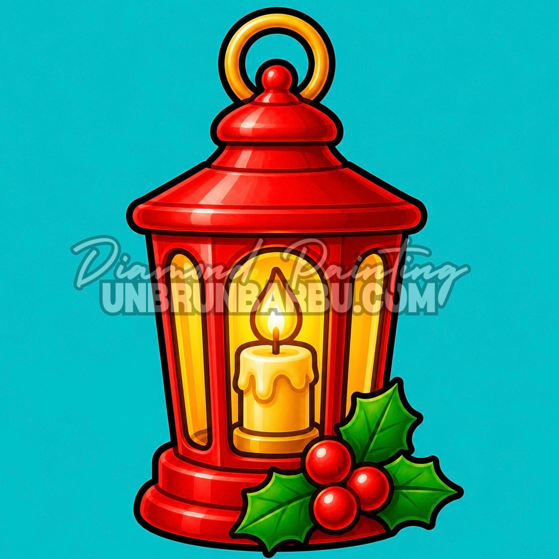 Diamond Painting lanterne rouge de Noël 30x30 cm avec bougie et houx sur fond turquoise
