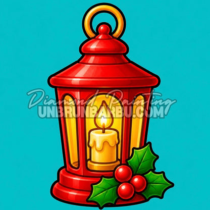 Diamond Painting lanterne rouge de Noël 30x30 cm avec bougie et houx sur fond turquoise