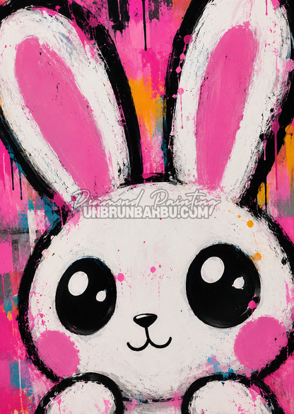Diamond Painting Lapin Pop Art 40x55 cm lapin blanc aux oreilles roses sur fond colore