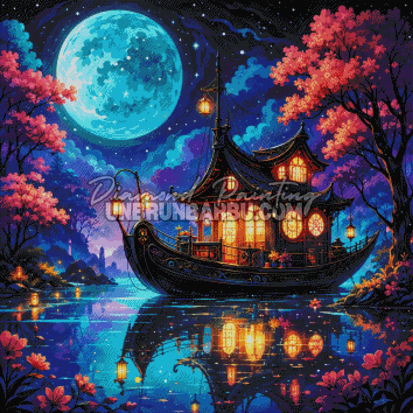 Layout Diamond Painting Le Bateau des Mille Lumières 90x90 cm avec aperçu diamanté du bateau lumineux, de la lune et des lanternes