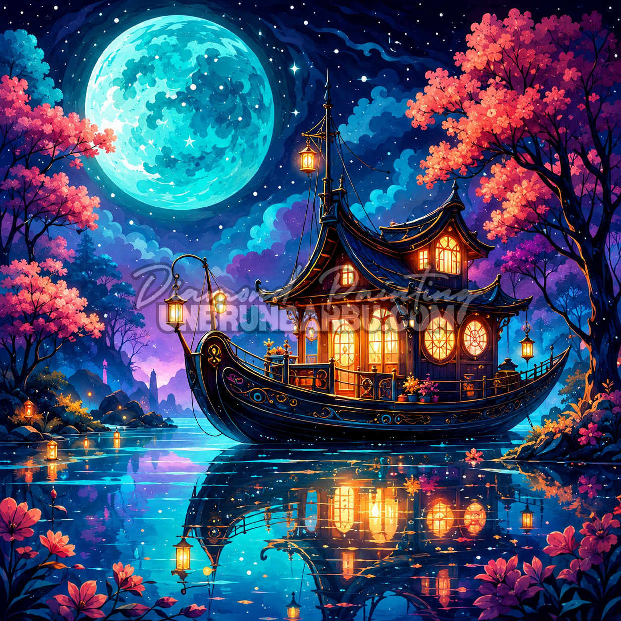 Diamond Painting Le Bateau des Mille Lumières 90x90 cm avec bateau illuminé, pleine lune, lanternes, reflets sur l’eau et fleurs roses
