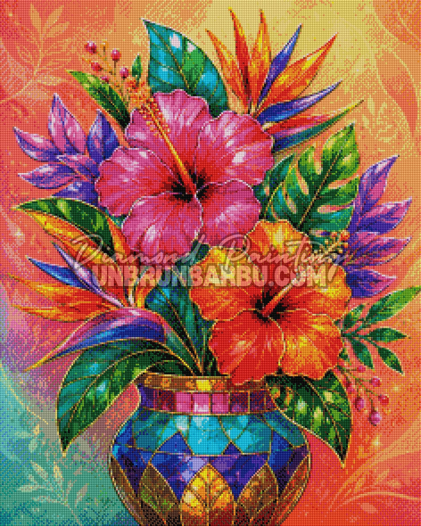 Rendu diamanté du Diamond Painting Le Bouquet Tropical Précieux 60x75 cm avec fleurs et vase multicolore
