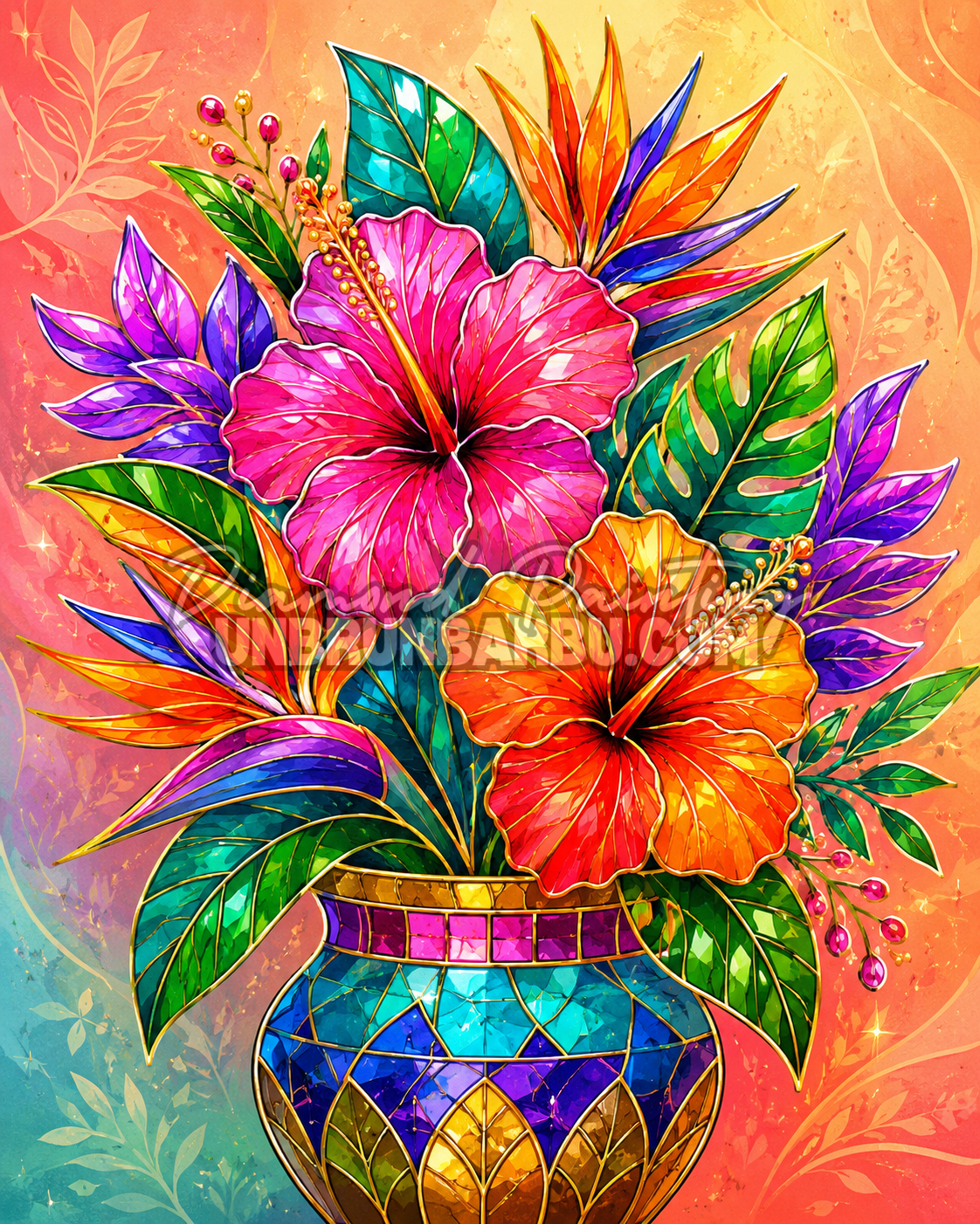 Diamond Painting Le Bouquet Tropical Précieux 60x75 cm avec hibiscus, feuilles exotiques et vase mosaïque