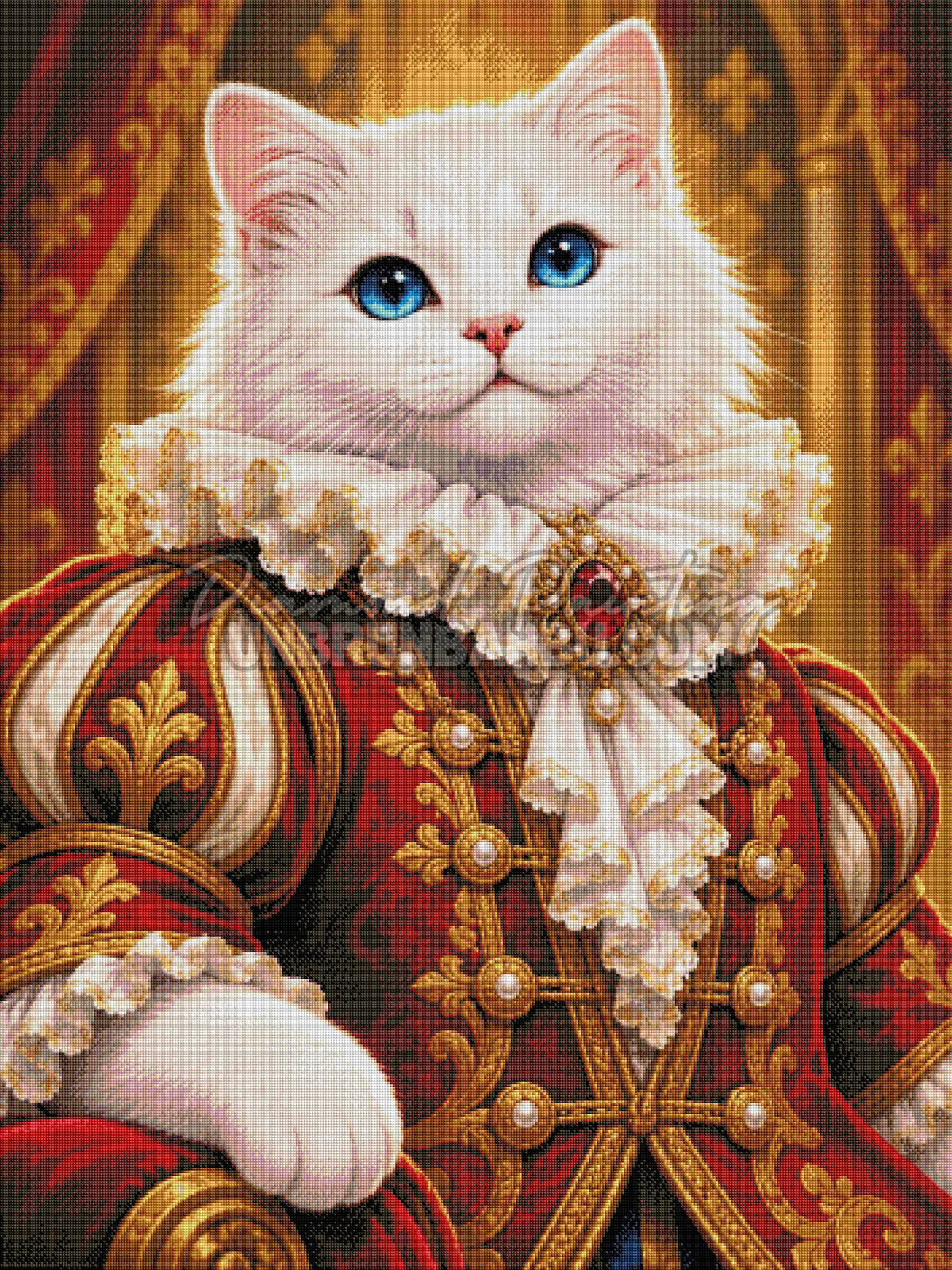 Rendu diamante du Diamond Painting Le Chat de la Cour Royale 90x120 cm avec yeux bleus et broche rubis