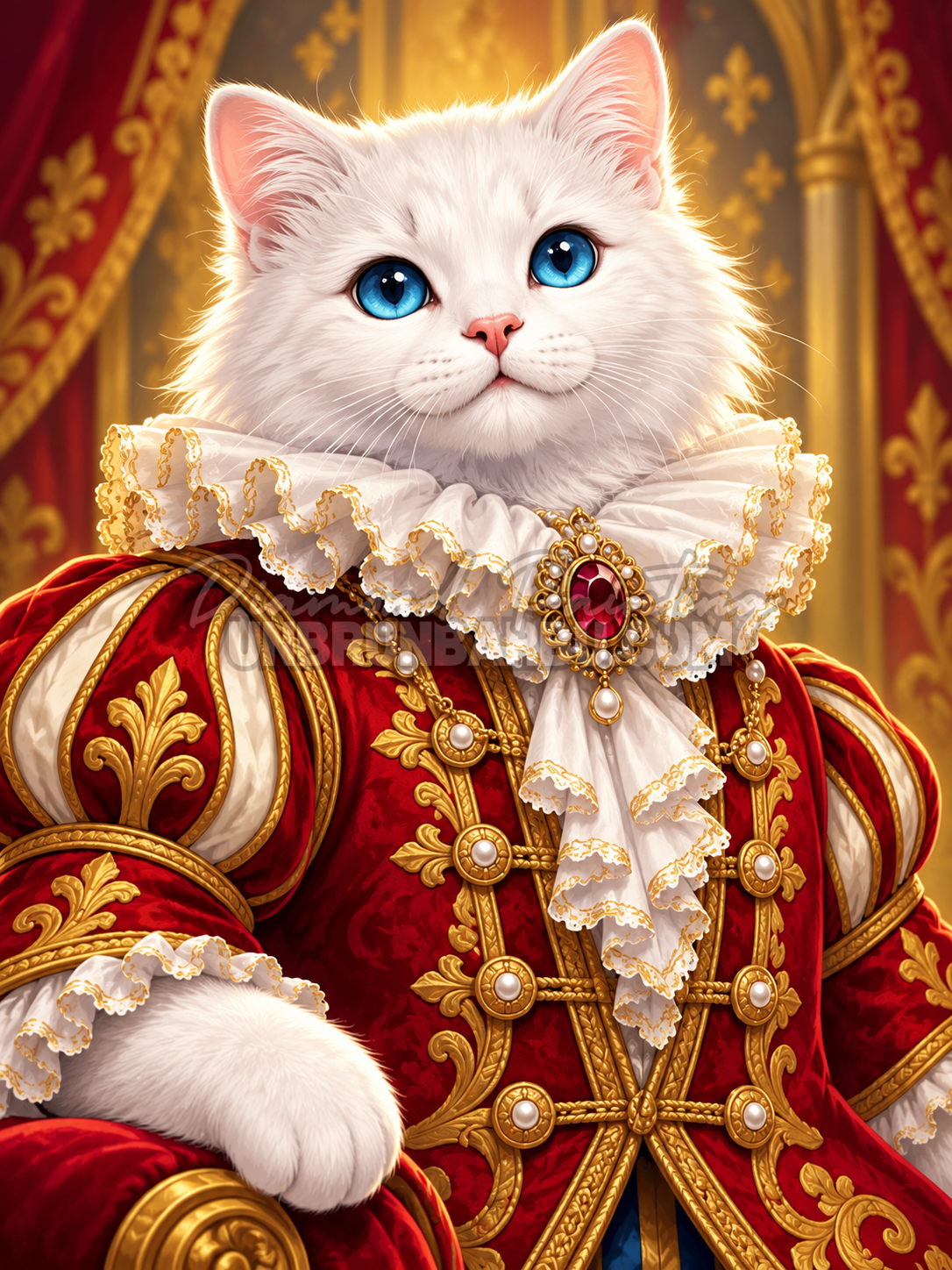 Diamond Painting Le Chat de la Cour Royale 90x120 cm avec chat blanc, costume rouge et ornements dores