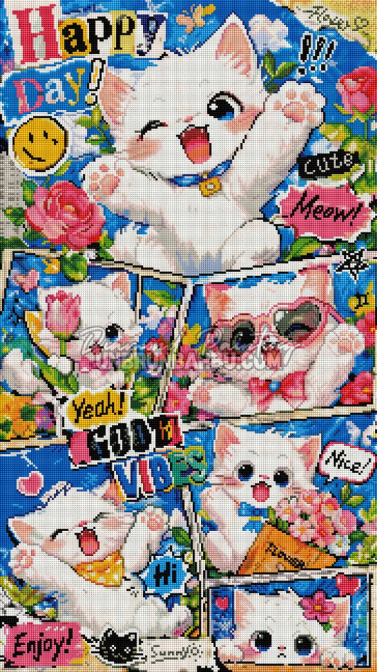 Rendu diamanté du Diamond Painting Le Chat en Bande Dessinée 45x80 cm avec chat blanc et cases colorées