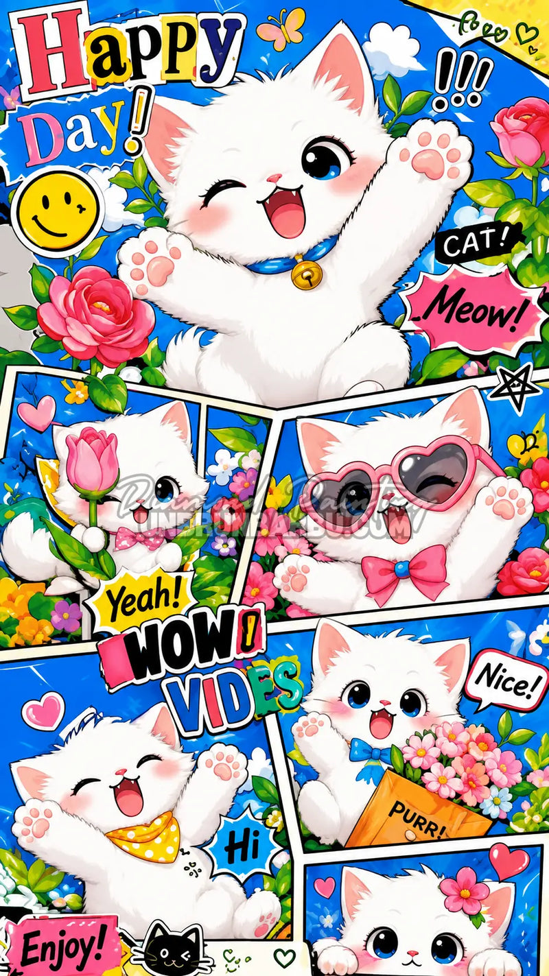 Diamond Painting Le Chat en Bande Dessinée 45x80 cm avec chat blanc kawaii, fleurs et bulles pop