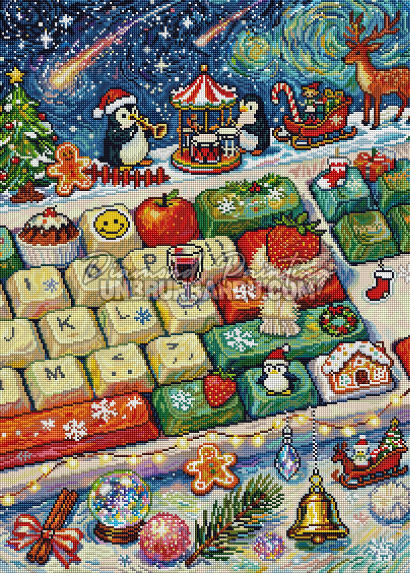 Rendu diamanté du Diamond Painting Le Clavier Magique de Noël 50x70 cm avec décor enneigé coloré