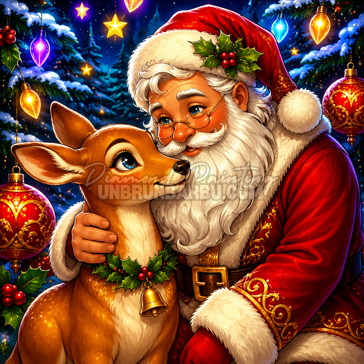 Diamond Painting Le Complice du Pere Noel 120x120 cm avec Pere Noel, jeune renne et lumieres colorees