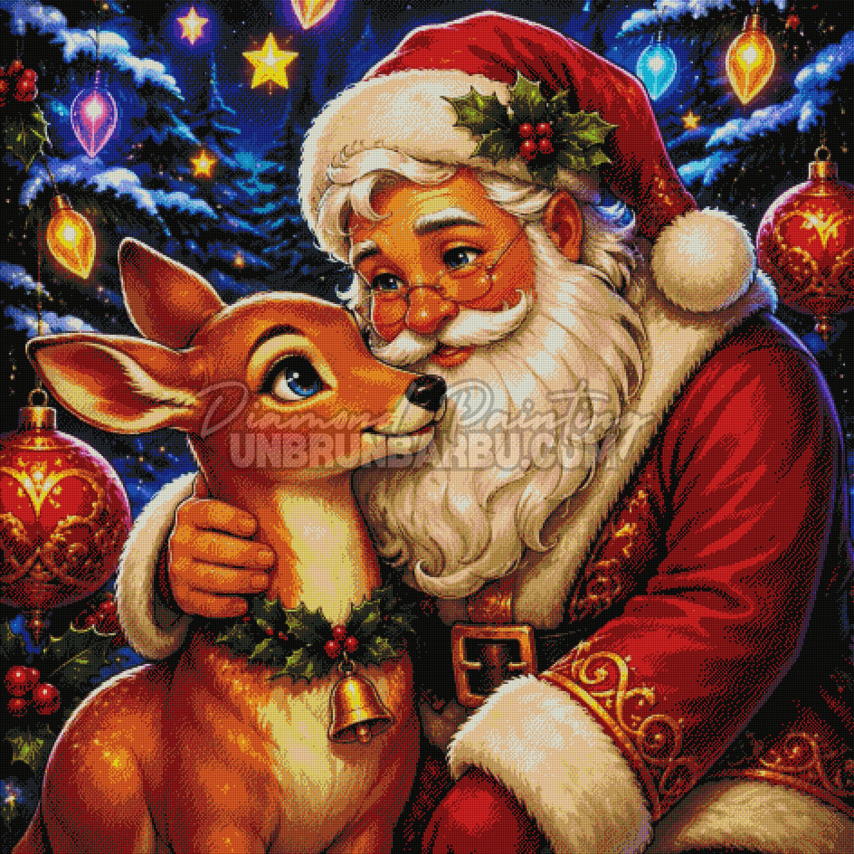 Rendu diamante du Diamond Painting Le Complice du Pere Noel 120x120 cm avec renne, houx et foret enneigee