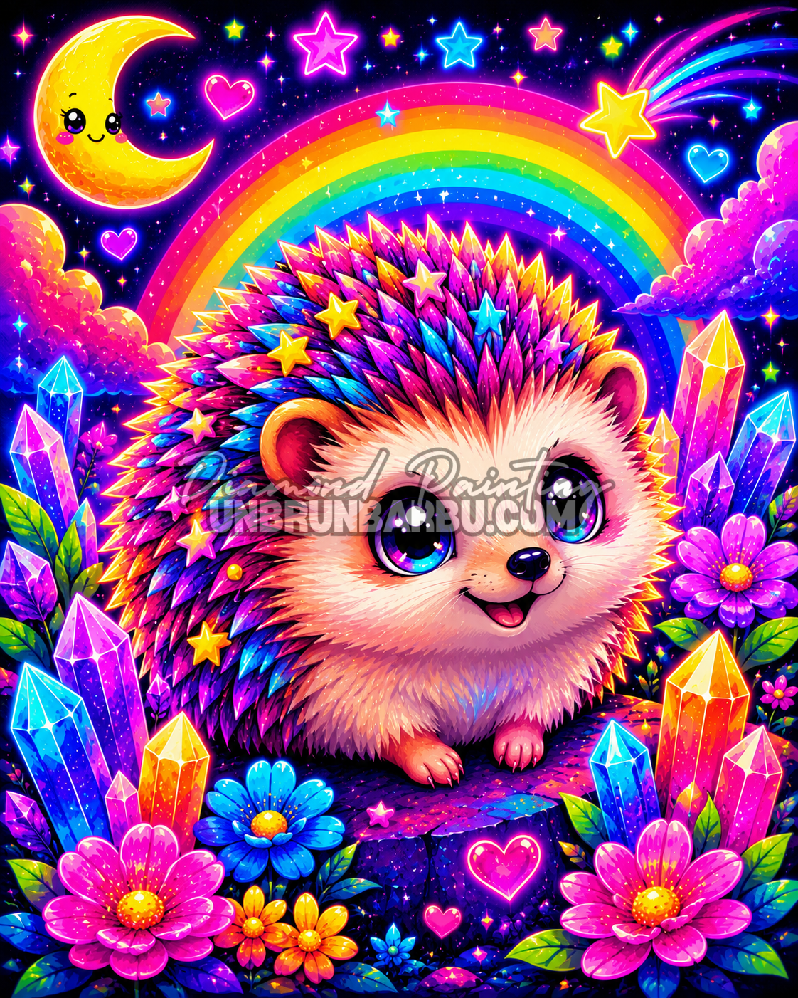 Diamond Painting Le Hérisson aux Cristaux Magiques 60x75 cm avec un hérisson coloré, un arc-en-ciel, des cristaux et des étoiles