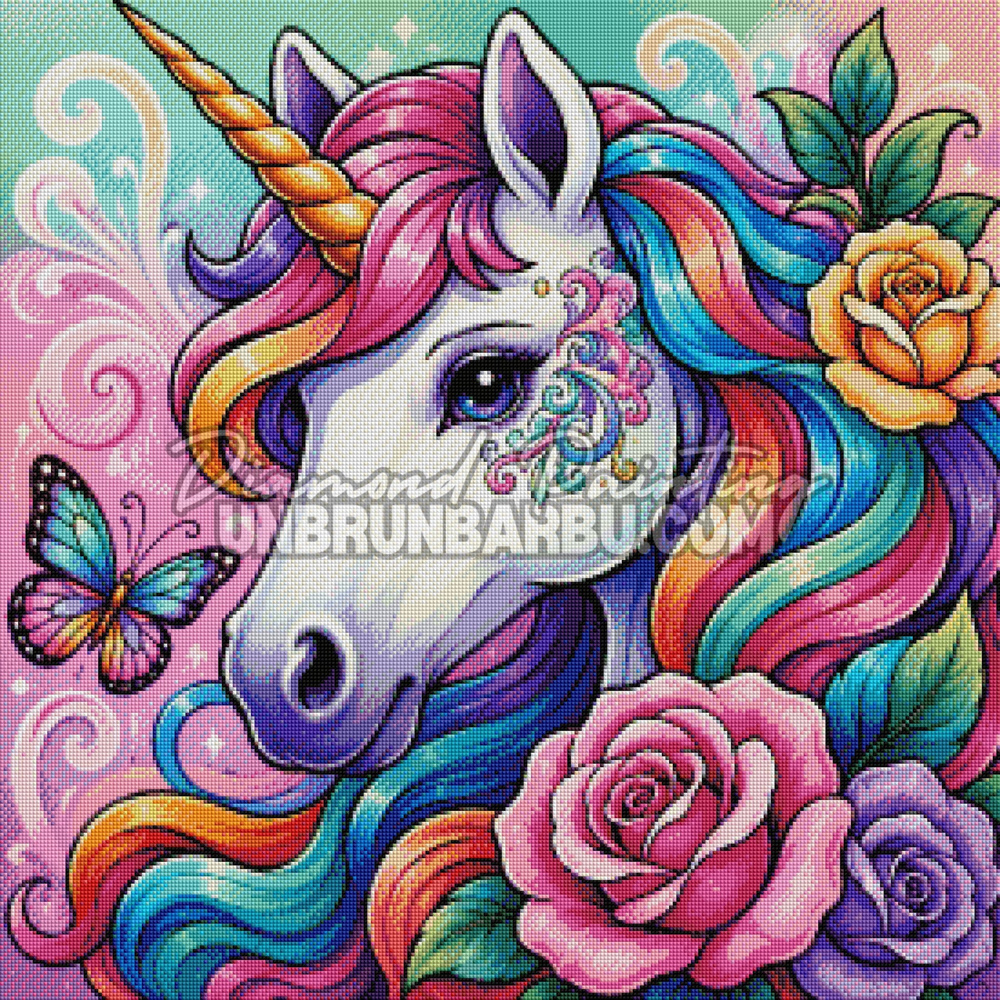 Rendu diamanté du Diamond Painting Le Jardin de la Licorne 70x70 cm avec corne dorée et fleurs magiques