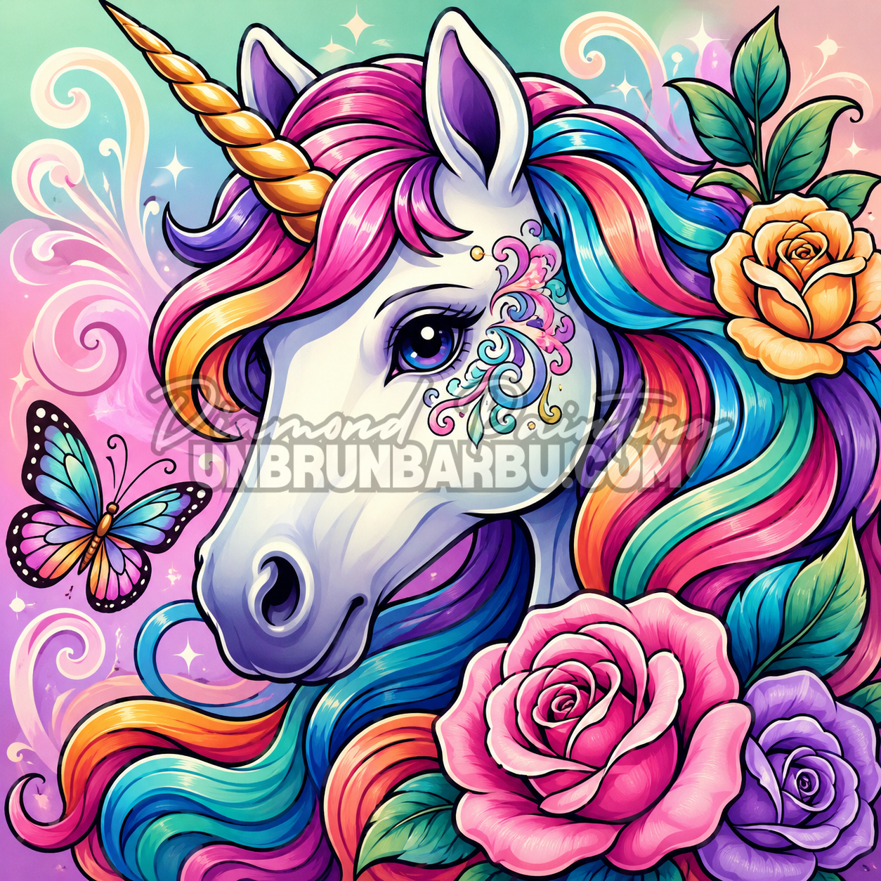 Diamond Painting Le Jardin de la Licorne 70x70 cm avec licorne arc-en-ciel, roses et papillon coloré