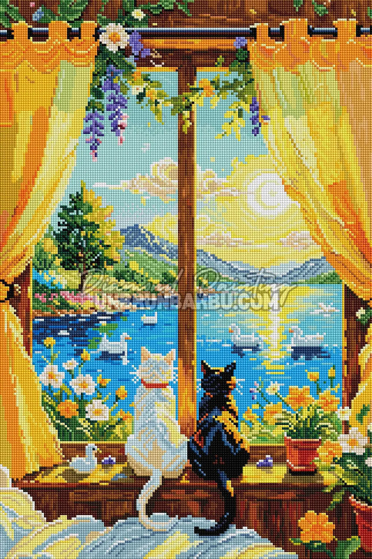 Rendu diamanté du Diamond Painting Le Lac des Deux Chats 40x60 cm avec chats, oiseaux blancs et soleil sur le lac