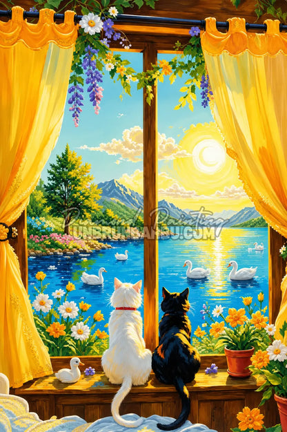 Diamond Painting Le Lac des Deux Chats 40x60 cm avec chats à la fenêtre, lac, montagnes et fleurs jaunes