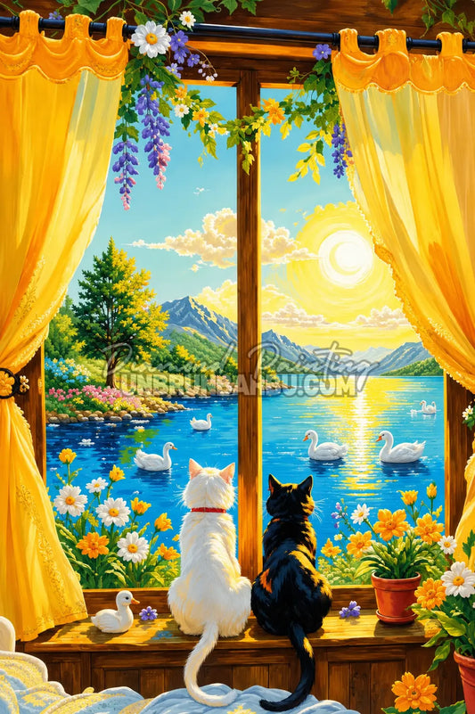 Diamond Painting Le Lac des Deux Chats 40x60 cm avec chats à la fenêtre, lac, montagnes et fleurs jaunes