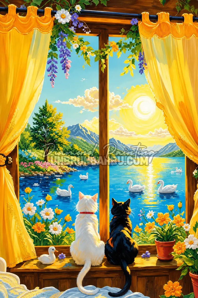 Diamond Painting Le Lac des Deux Chats 40x60 cm avec chats à la fenêtre, lac, montagnes et fleurs jaunes