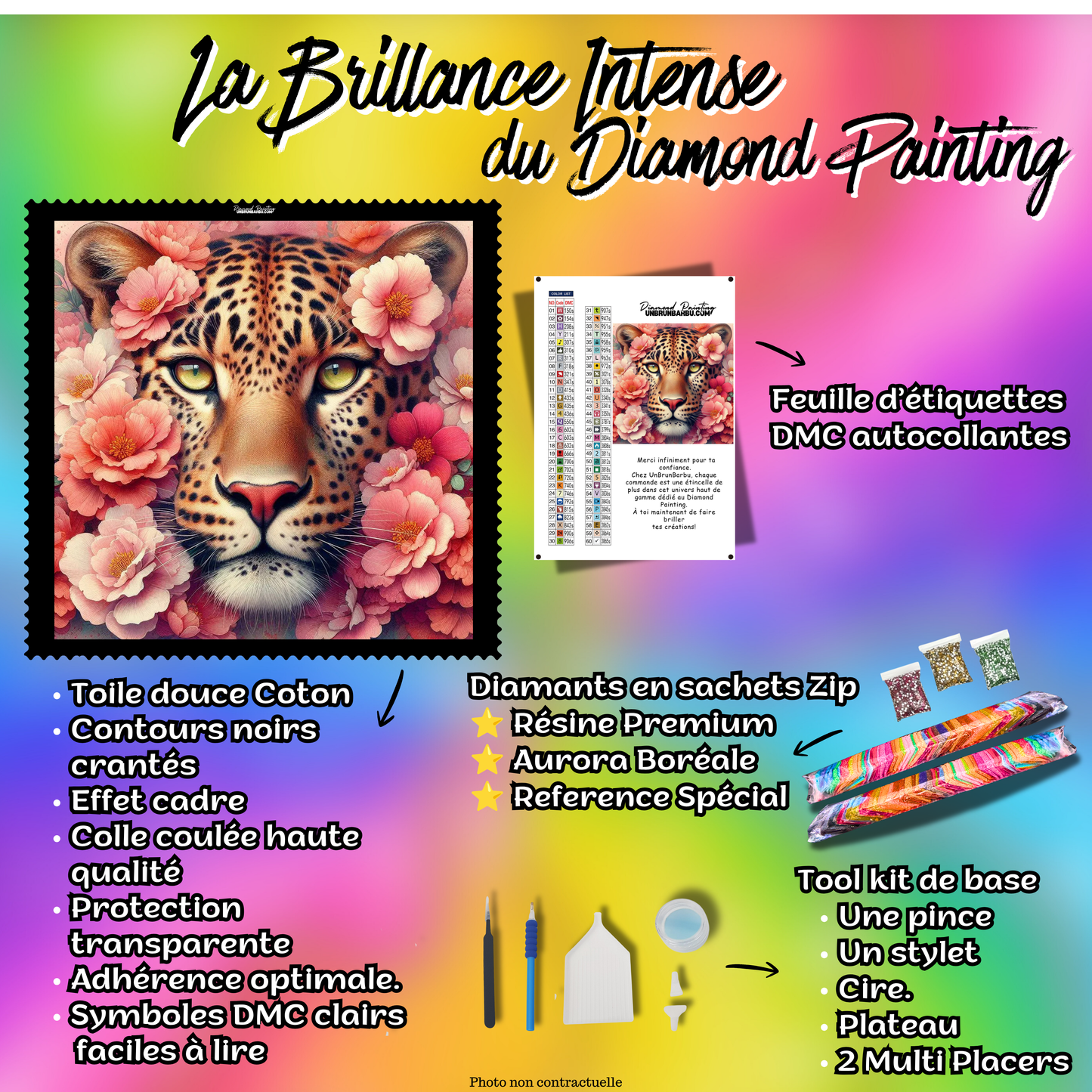 Kit Premium Diamond Painting Le Léopard aux Mille Pétales avec toile coton, diamants, accessoires et feuille DMC