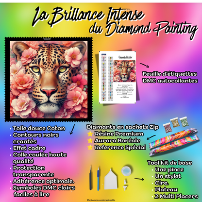 Kit Premium Diamond Painting Le Léopard aux Mille Pétales avec toile coton, diamants, accessoires et feuille DMC
