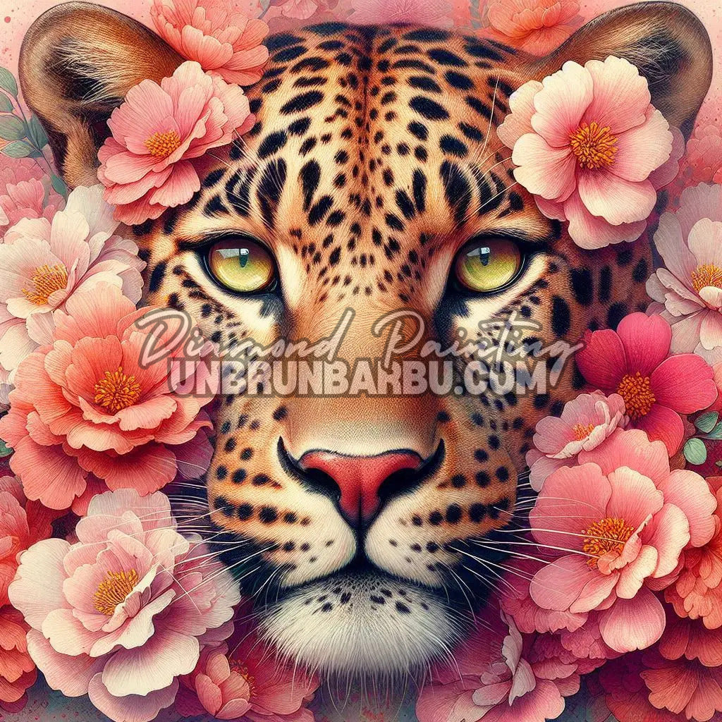 Diamond Painting Le Léopard aux Mille Pétales 60x60 cm représentant un léopard entouré de fleurs roses